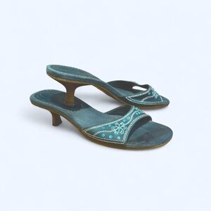 Vintage Y2K blue suede embellishment kitten heel sandal mules 7